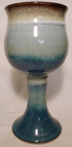 STUDIO ART POTTERY PEDESTAL STEMMED GOBLET CANDLE HOLDER BLUE MULTICOLOR BLACK
