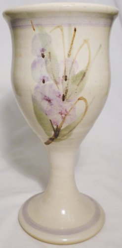 STUDIO ART POTTERY PEDESTAL STEMMED GOBLET CANDLE HOLDER BEIGE FLOWERS