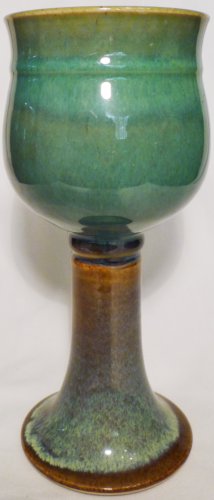 STUDIO ART POTTERY PEDESTAL STEMMED GOBLET CANDLE HOLDER MULTICOLOR GREEN BROWN