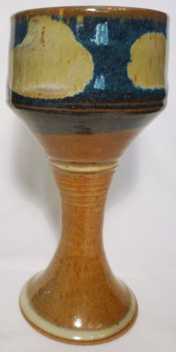 STUDIO ART POTTERY PEDESTAL STEMMED GOBLET CANDLE HOLDER BLUE BROWN SWIRL