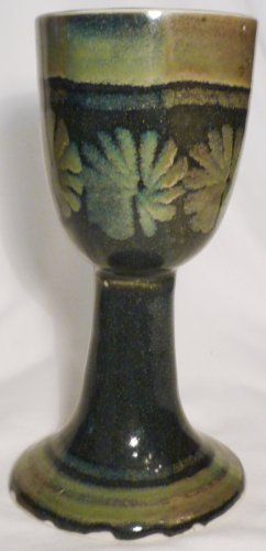 STUDIO ART POTTERY PEDESTAL STEMMED GOBLET CANDLE HOLDER BLUE GREEN FLOWERS