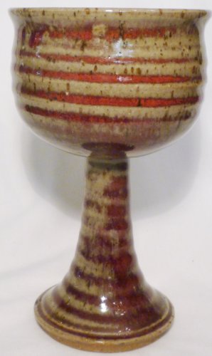 STUDIO ART POTTERY PEDESTAL STEMMED GOBLET CANDLE HOLDER RED SPIRAL SIGNED