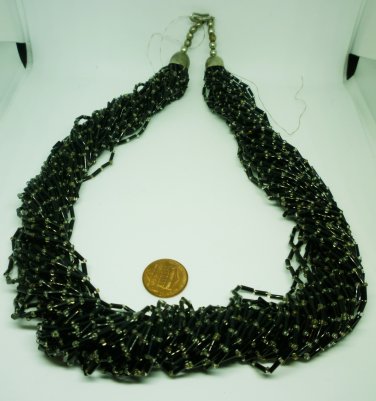 VINTAGE MULTI STRANDED BLACK BUGLE SEED BEADS EVENING WEAR NECKLACE