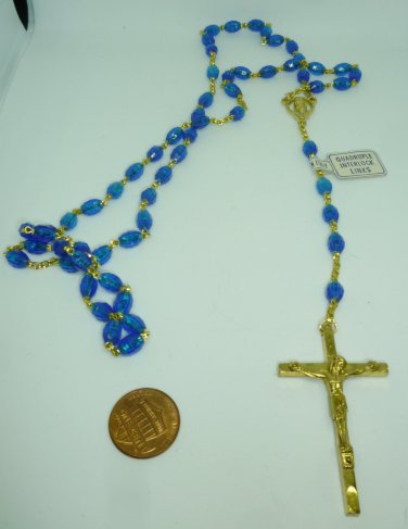 CHRISTIANITY ROSARY BLUE BEADS FINE CRUCIFIX & VIRGIN MARY NECKLACE PENDANT