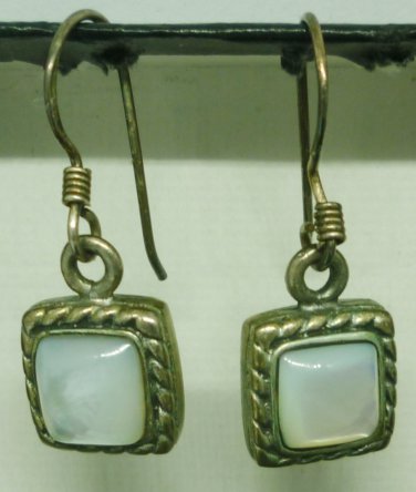 STERLING SILVER .925  SQUARE WHITE PEARL MOONSTONE DANGLING POST EARRINGS