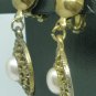 VINTAGE GOLD TONE INTRICATE WITH FAUX TEAR DROP PEARL CLIP EARRINGS