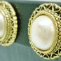 BEAUTIFUL VINTAGE INTRICATE GOLD FILLED OVAL FAUX PEARL STUD EARRINGS