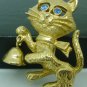 CHARMING BRASS CAT WITH GREEN RHINESTONE EYES & BELL BROOCH PIN