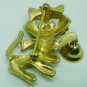 CHARMING BRASS CAT WITH GREEN RHINESTONE EYES & BELL BROOCH PIN