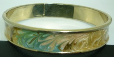 BEAUTIFUL CLOISONNE PEACH & GREEN ENAMEL BANGLE BRACELET