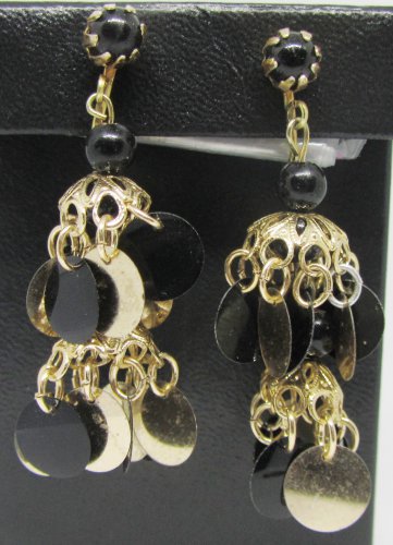 VINTAGE BLACK & GOLD SEQUIN BEADS TASSEL CLIP EARRINGS