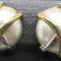 VINTAGE WHITE PEARL BUTTON ENCASED SILVER & GOLD METAL CLIP EARRINGS