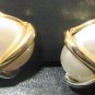 VINTAGE WHITE PEARL BUTTON ENCASED SILVER & GOLD METAL CLIP EARRINGS