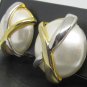 VINTAGE WHITE PEARL BUTTON ENCASED SILVER & GOLD METAL CLIP EARRINGS