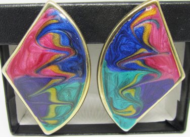 VINTAGE MULTI COLOR ENAMEL FAN SHAPED EARRINGS