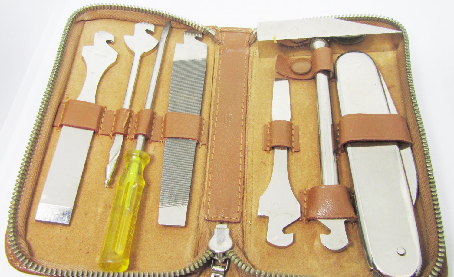 VINTAGE GERMANY MULTI TOOL KIT FOLDING POCKET SET LEATHER ZIPPERED CASE