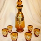 VINTAGE AMBER GLASS DECANTER & 6 SHOT CORDIAL FRANCE GOLD GILDED ENAMEL APPLIQUE