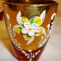 VINTAGE AMBER GLASS DECANTER & 6 SHOT CORDIAL FRANCE GOLD GILDED ENAMEL APPLIQUE