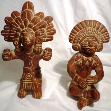 VINTAGE TERRACOTTA POTTERY MEXICO MAYA AZTEC INCA GOD FIGURINE STATUE SET OF 2