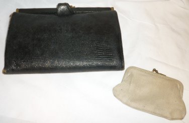 VINTAGE ANTIQUE GOAT SKIN BLACK CLUTCH PURSE & COIN PURSE