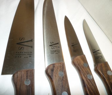 VANADIUM STAINLESS STEEL 4 KNIFE SET W/ROSEWOOD HANDLE & STORAGE HOOK RACK JAPAN