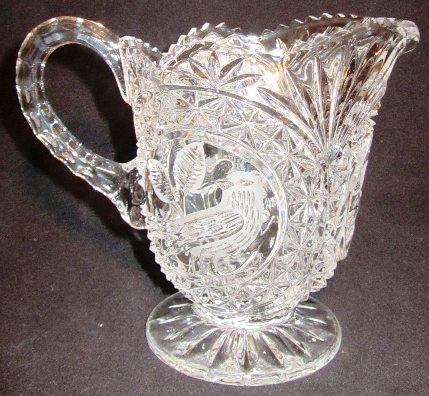 VINTAGE HOFBAUER GERMANY BYRDES COLLECTION CUT CRYSTAL ETCHED BIRD PITCHER