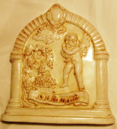 VINTAGE ITALY ART CERAMIC TILE WALL HANGING PLAQUE SIGNED ANGEL CUPID