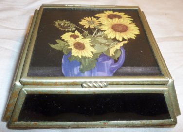 CHARMING MIRRORED METAL HINGED TRINKET BOX SUNFLOWERS MEXICO VIVA