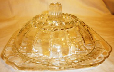VINTAGE BEADED CLEAR GLASS ROUND CHEESE BUTTER DISH DOME LID