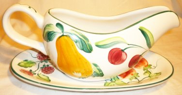 HEREND VILLAGE POTTERY HUNGARY GRAVY BOAT & SAUCER HANDPAINTED BERRIES & FRUITS