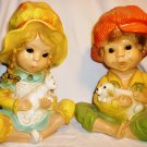 VINTAGE UNIVERSAL STATUARY CHALKWARE SET OF 2 FIGURINES GIRL/CAT & BOY/ PUPPY