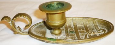 VINTAGE ANTIQUE SOLID BRASS BRONZE CHAMBER CANDLE HOLDER W/FINGER LOOP ANCHOR