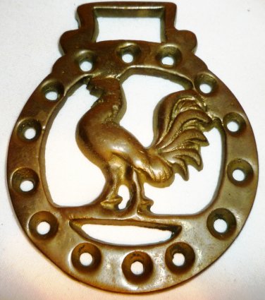 VINTAGE SOLID BRASS HORSE SADDLE HARNESS BRASS MEDALLION ROOSTER