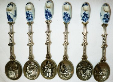 UNIQUE VINTAGE ELESVA HOLLAND EMBOSSED & DELFT PORCELAIN CLOG SET/6 SPOONS