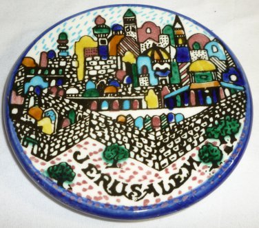 CERAMIC ART WALL HANGING HANDPAINTED MEDALLION JERUSALEM ISRAEL HALABI ANTER