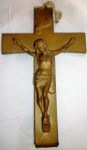 VINTAGE CAST IRON PAINTED BRONZE CRUCIFIX WALL HANGING