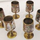 BEAUTIFUL BRASS MOTHER OF PEARL INLAYS CORDIAL STEMWARE MEXICO SET OF 6