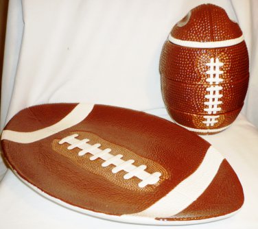 BOSTON WAREHOUSE CERAMIC FOOTBALL PARTY SET PLATTER CONDIMENT BOWLS CHIP & DIP