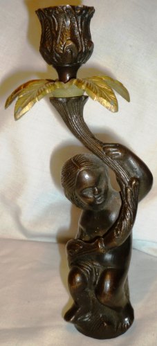 VINTAGE ANTIQUE SOLID BRASS HEAVY CANDLE HOLDER CUPID CHERUB PALM TREE