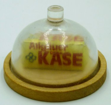 DOLLHOUSE MINIATURE CHEESE BOARD WITH DOME LID AND BLOCK OF ALLGAUER KASE