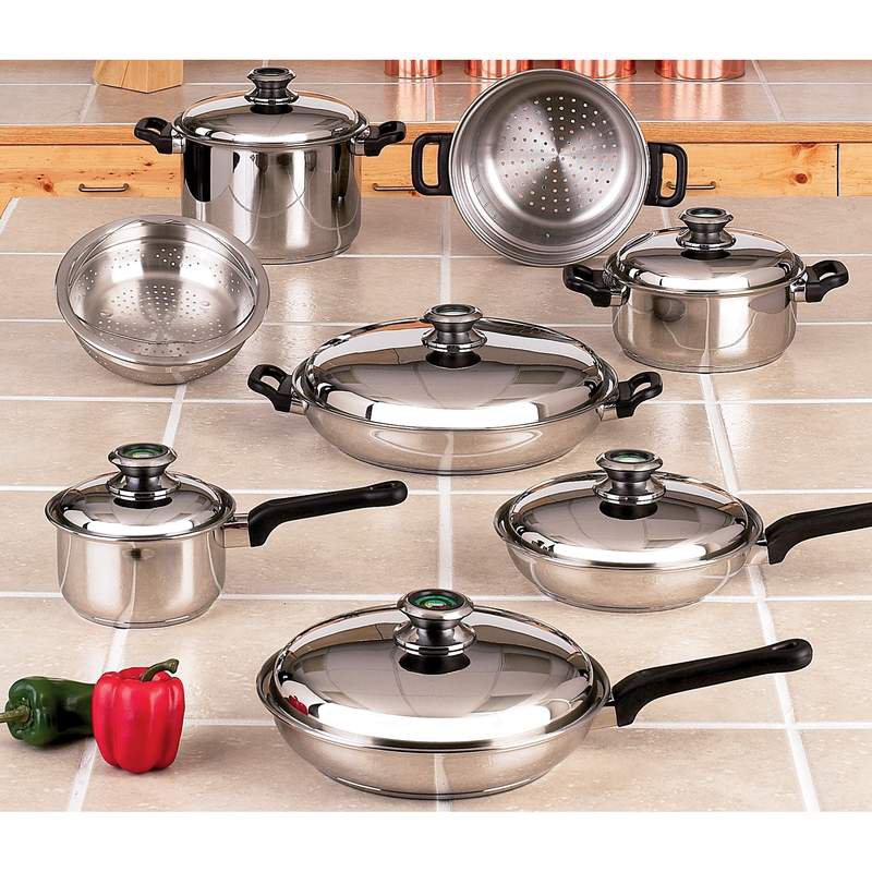 14PC THERMO KNOB WATERLESS 12-ELEMENT STAINLESS STEEL COOKWARE SET