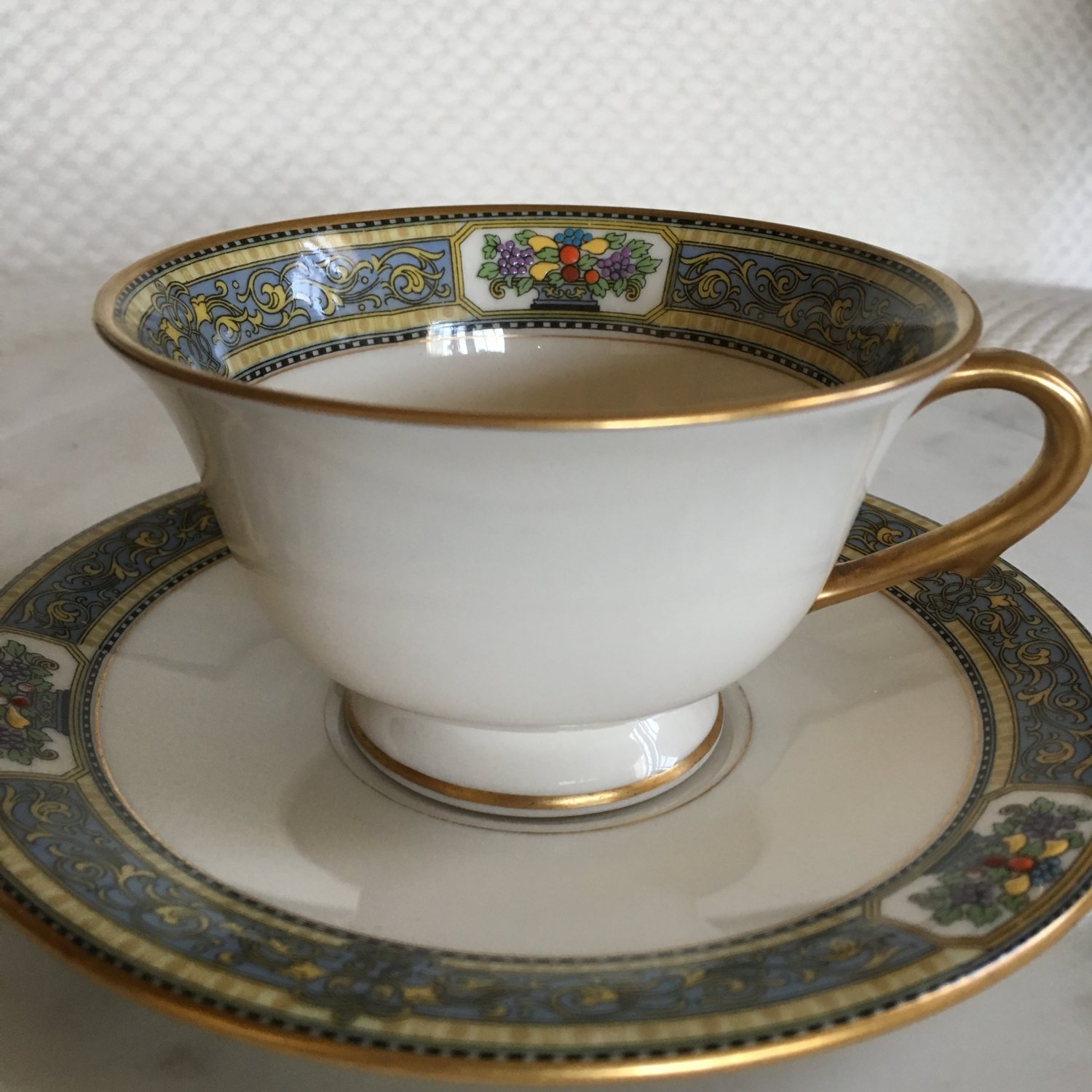 Morgan Belleek Orient Tea Cup & Saucer Set Hand Painted Raised Fruit Vintage Fine China