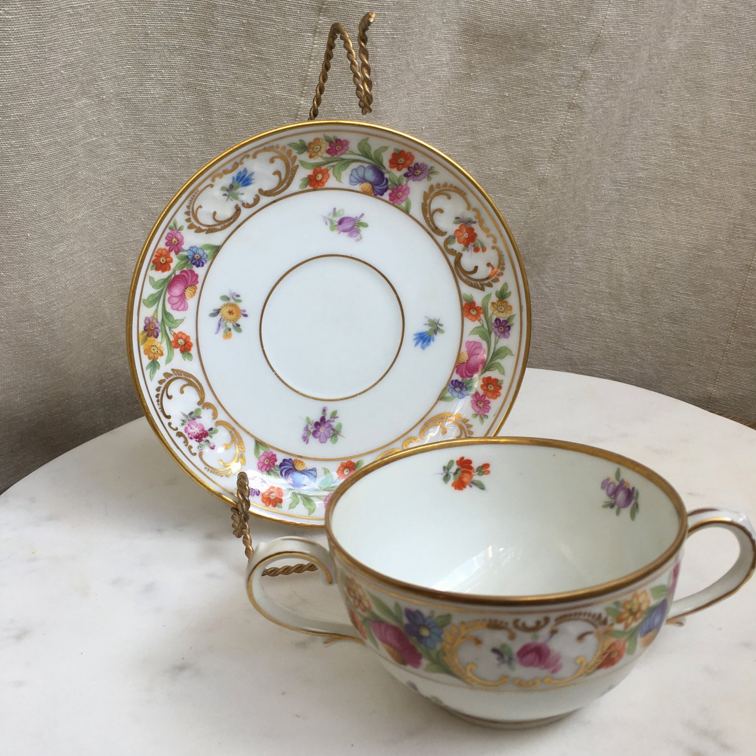 Schumann Bavaria Dresdener Art Double Handle Bouillon Cup & Saucer Set Circa 1932