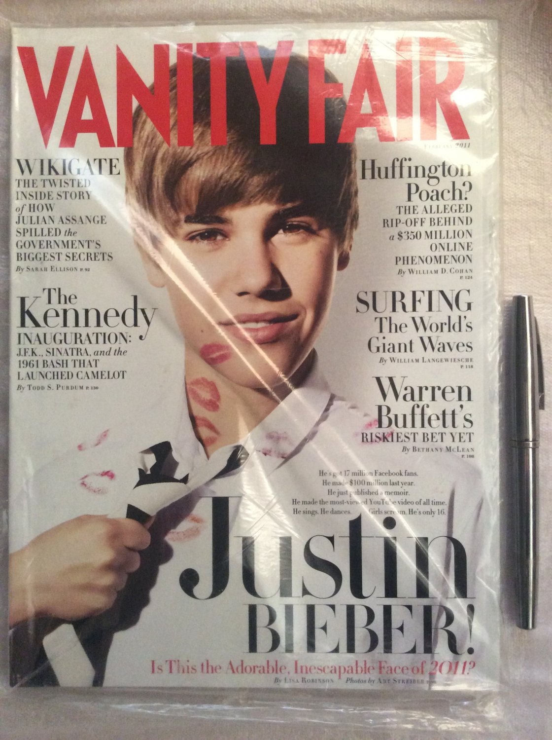 Vanity Fair 2011 Justin Bieber Cover Assange Giant Waves Surfing Warren Buffet JFK Sinatra