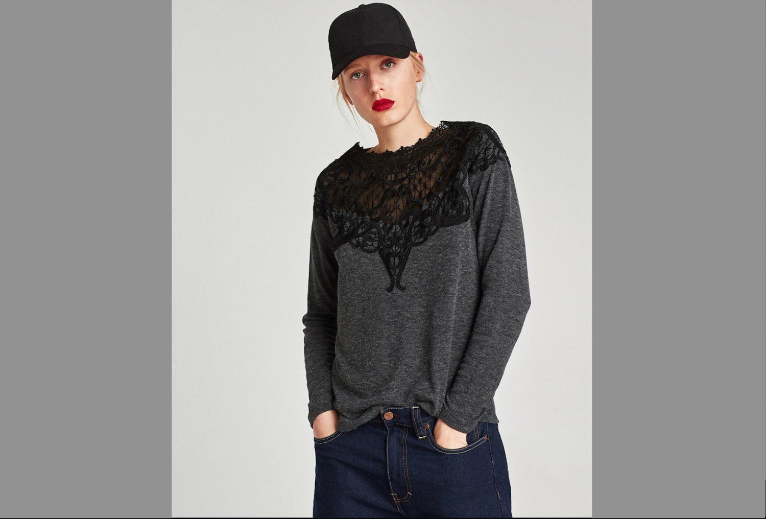 Zara Knit Top Crochet Contrast Yoke