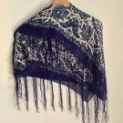 Large Square Scarf Blue and White Print with Fringe Wrap Bathing Cover Up