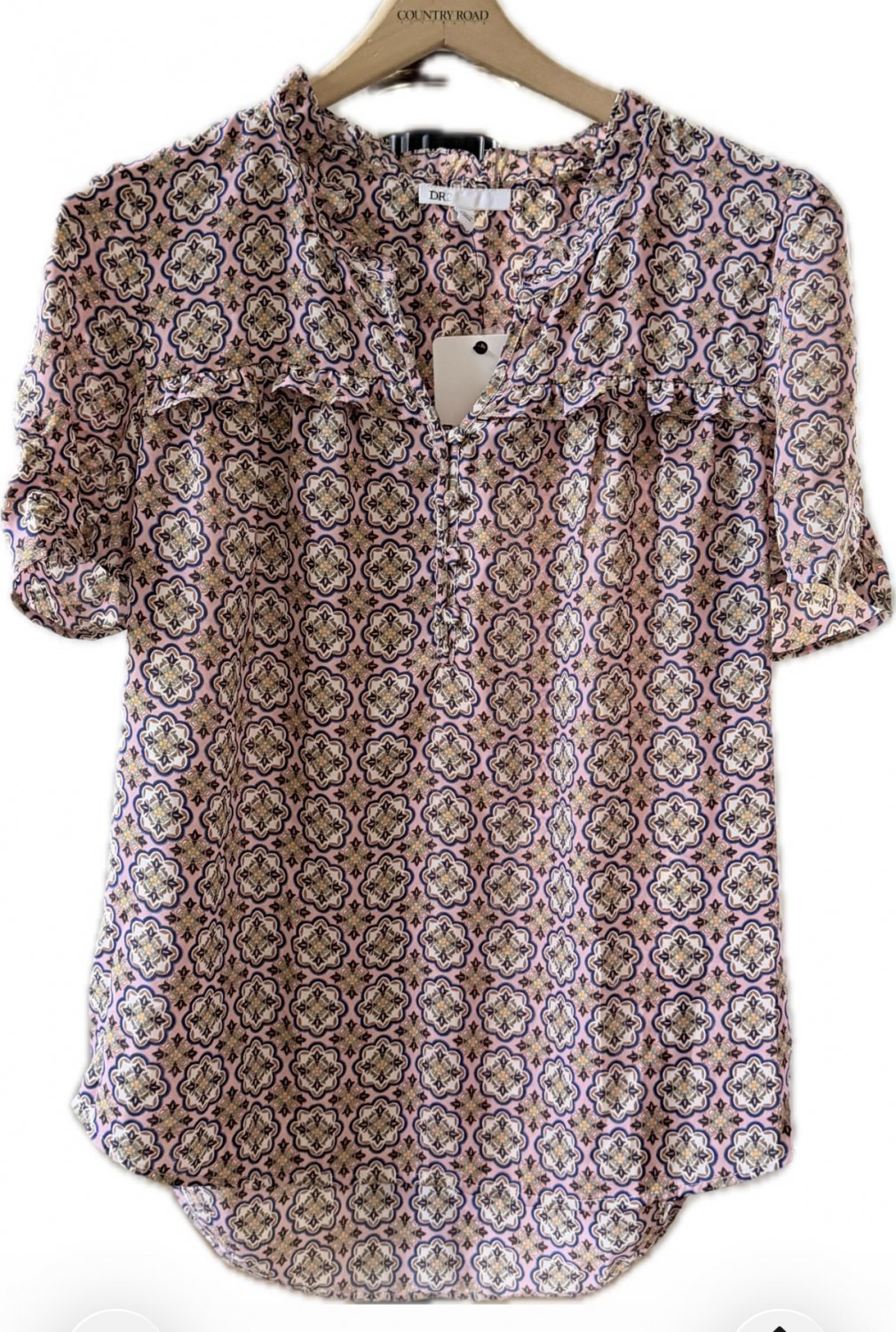 Versatile Relaxed Pink Short Sleeve Pullover Blouse Subtle Puff Sleeves Micro Ruffle Detail