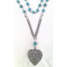 TURQUOISE SILVERY HEART CHARM LONG 50cm