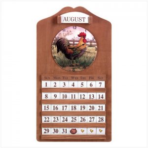 WOOD ROOSTER CLOCK/CALENDER