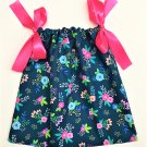 BLUE PINK FLOWER with PINK Ribbon- Handmade Infant/Toddler Dress/Blouse  SIZE: 12-18MO